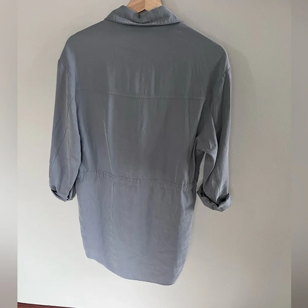 Zara Womens Grey Blue‎ Utility Tunic Shirt Drawstring Waist Snap Front Size M